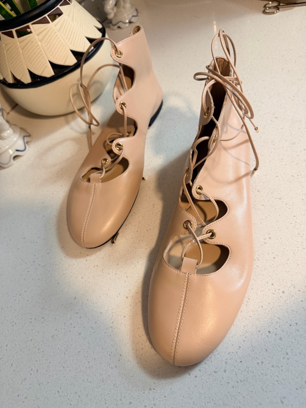 Women's Blush Lace-Up Cutout Ballet Flats